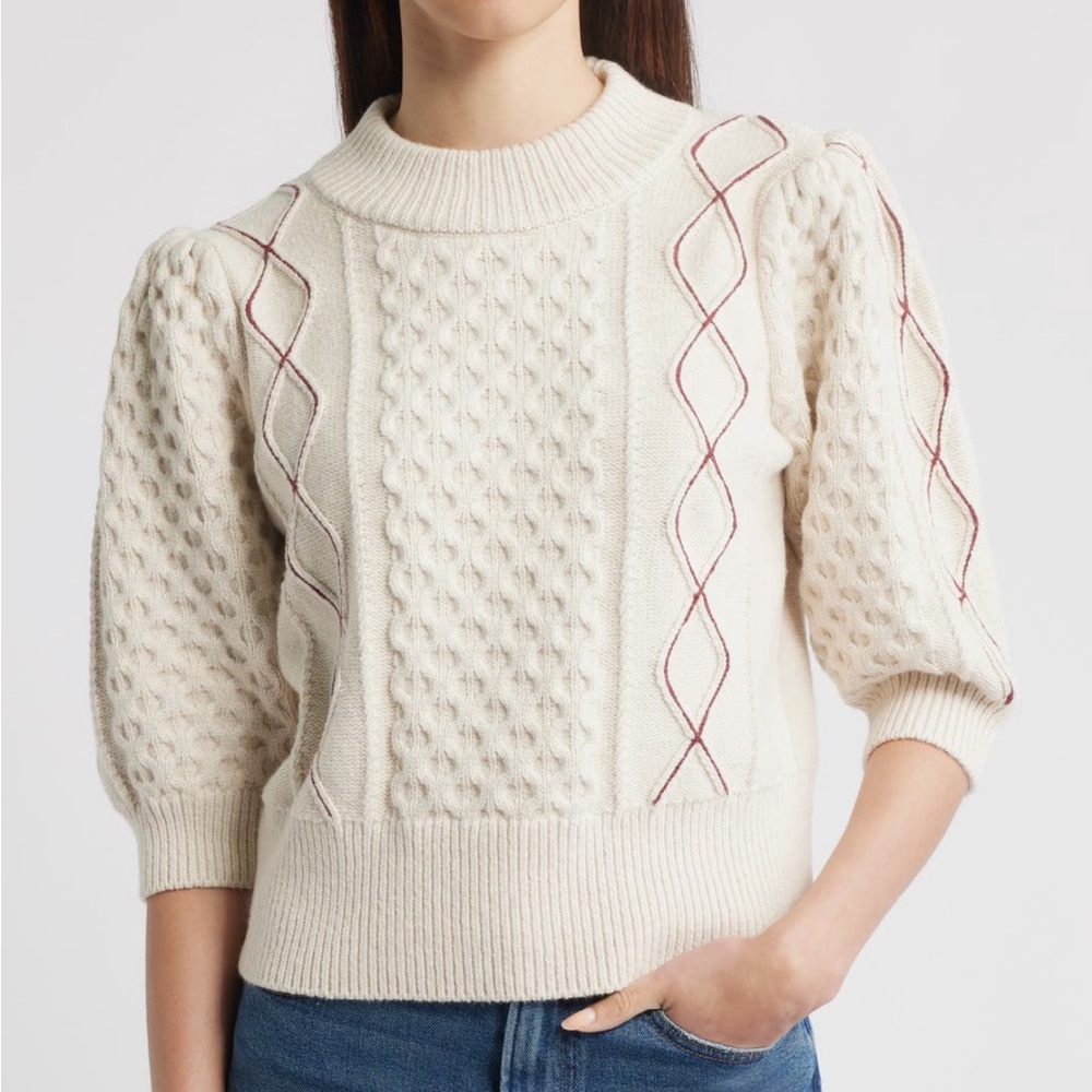 Rails Cream Cable Knit Sweater Burgundy Diamond Stitch Puff Sleeve Knit Top S - Picture 3 of 11